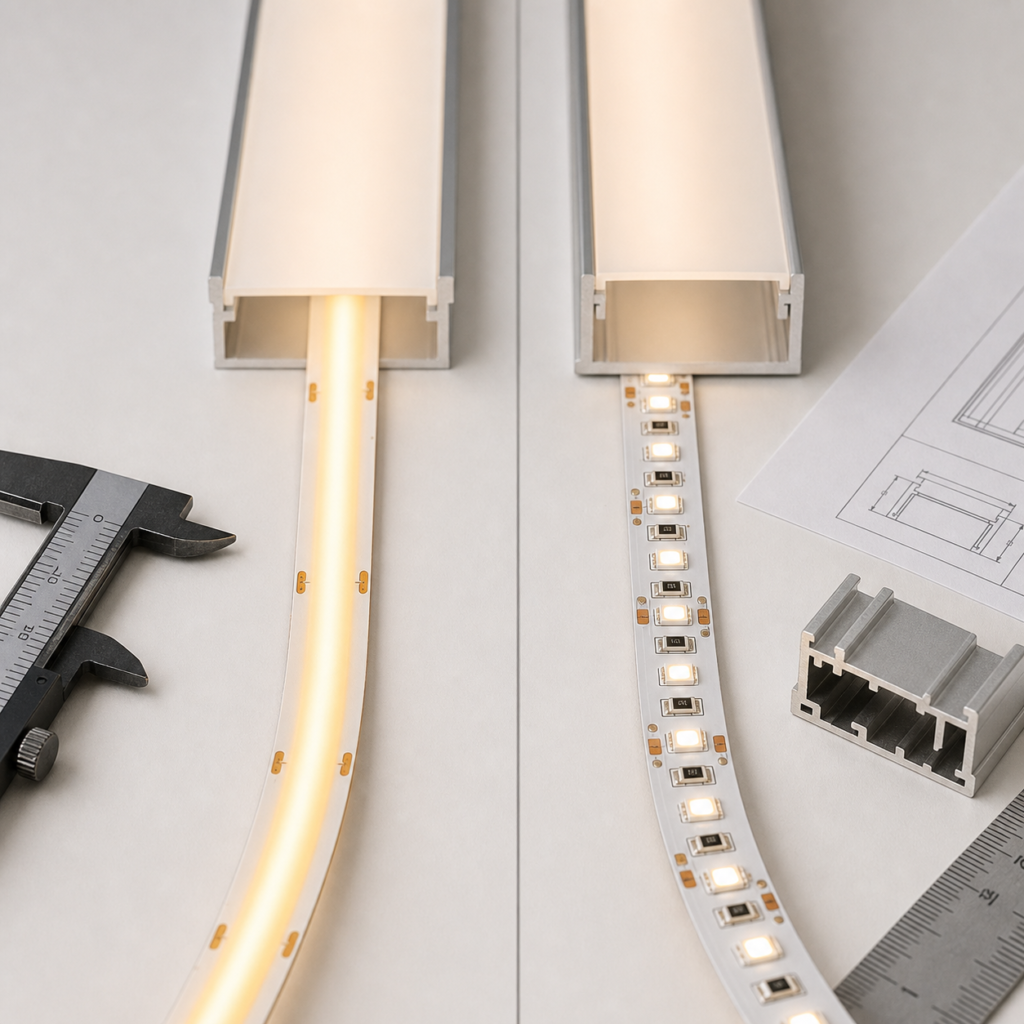 COB and SMD LED strips side by side for professional lighting buyers